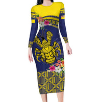 Niue Coconut Crab Long Sleeve Bodycon Dress Rock of Polynesia LT9 Long Dress Gold - Polynesian Pride