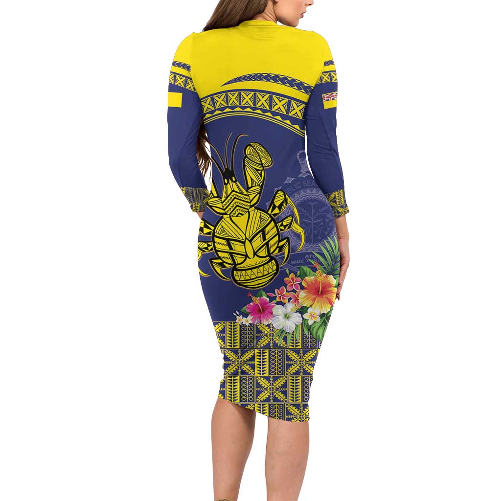 Niue Coconut Crab Long Sleeve Bodycon Dress Rock of Polynesia LT9 - Polynesian Pride
