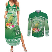 Norfolk Parakeet Tropical Couples Matching Summer Maxi Dress and Long Sleeve Button Shirt Norfolk Island Tribal Pattern LT9 Green - Polynesian Pride