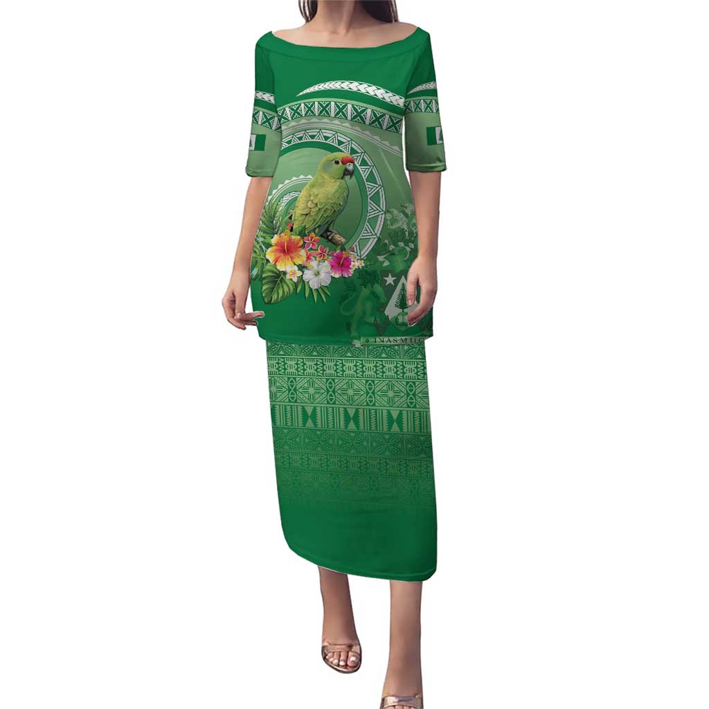 Norfolk Parakeet Tropical Puletasi Norfolk Island Tribal Pattern LT9 Long Dress Green - Polynesian Pride
