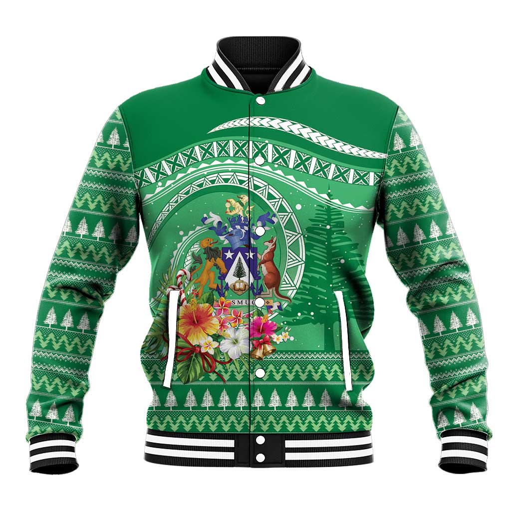 Norfolk Island Pine Tree Christmas Baseball Jacket Coat of Arm and Polynesian Pattern LT9 Unisex Green - Polynesian Pride