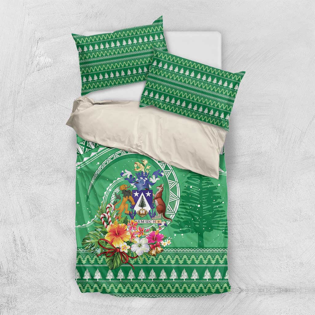 Norfolk Island Pine Tree Christmas Bedding Set Coat of Arm and Polynesian Pattern LT9 US Twin 172cm x 218cm Green - Polynesian Pride