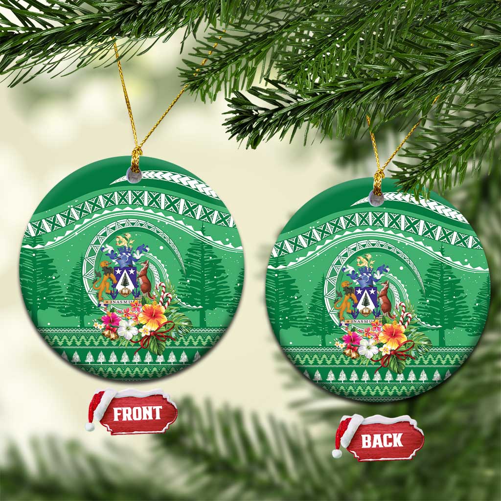 Norfolk Islands Pine Tree Christmas Ceramic Ornament Coat of Arm and Polynesian Pattern LT9 Circle Green - Polynesian Pride