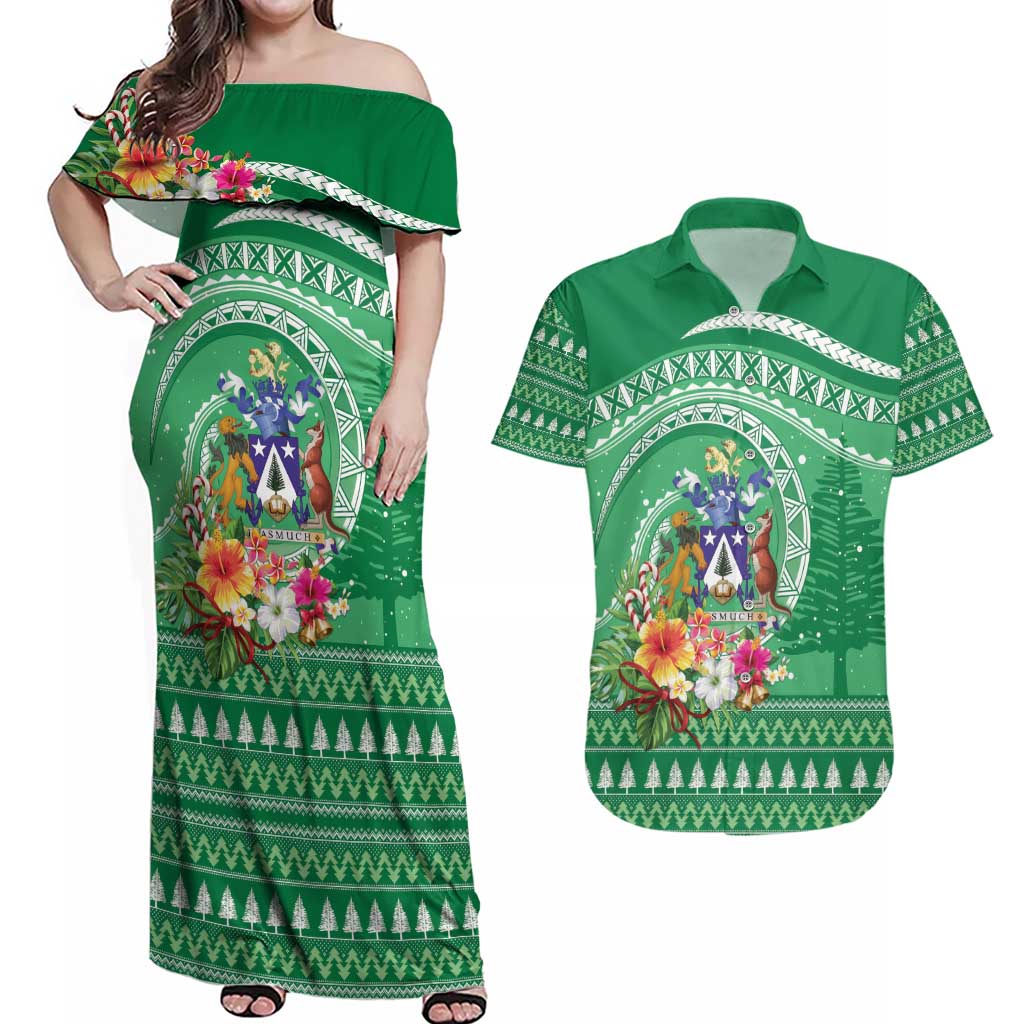 Norfolk Island Pine Tree Christmas Couples Matching Off Shoulder Maxi Dress and Hawaiian Shirt Coat of Arm and Polynesian Pattern