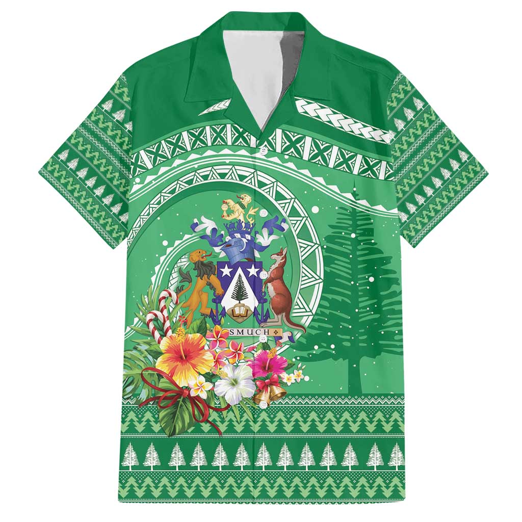 Norfolk Island Pine Tree Christmas Hawaiian Shirt Coat of Arm and Polynesian Pattern LT9 Green - Polynesian Pride