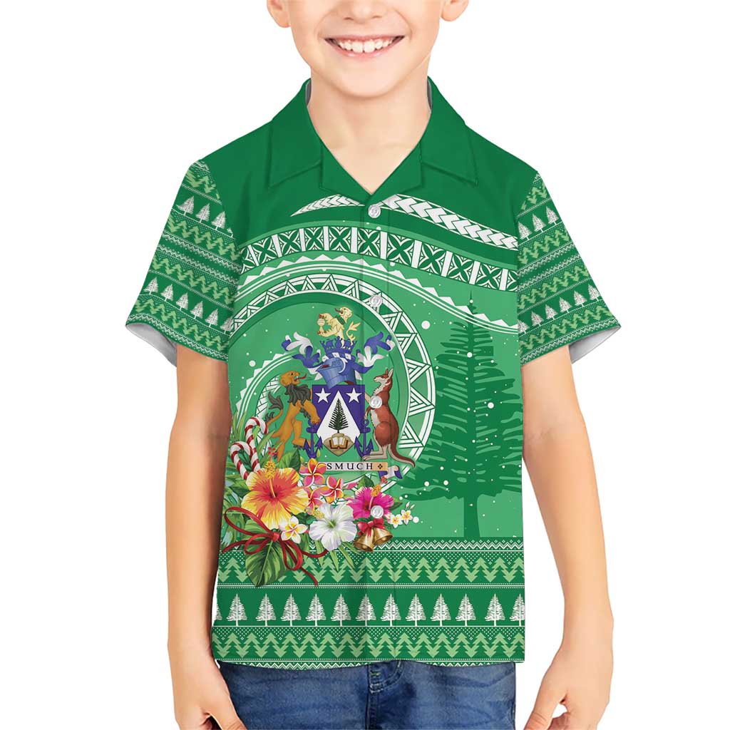 Norfolk Island Pine Tree Christmas Kid Hawaiian Shirt Coat of Arm and Polynesian Pattern LT9 Kid Green - Polynesian Pride