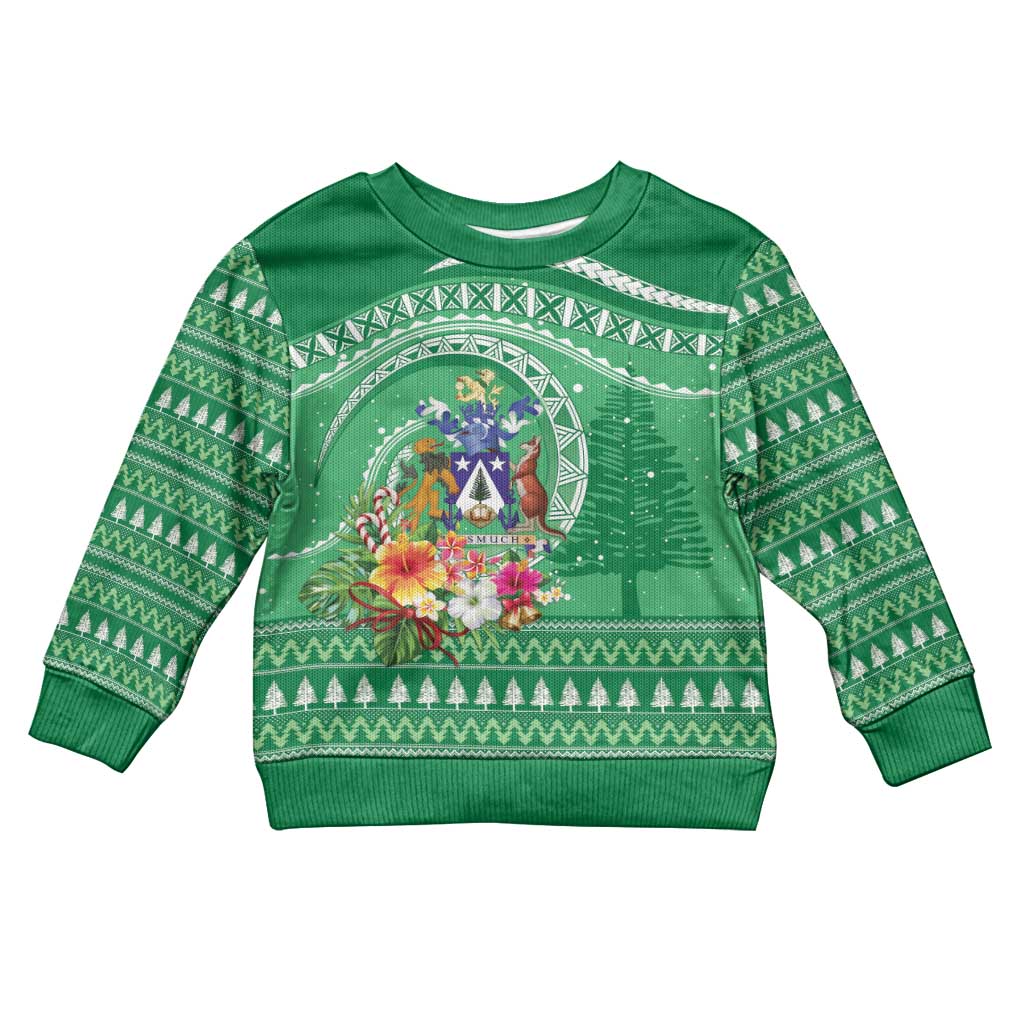 Norfolk Islands Pine Tree Christmas Kid Ugly Christmas Sweater Coat of Arm and Polynesian Pattern LT9 Kid Green - Polynesian Pride