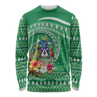 Norfolk Island Pine Tree Christmas Long Sleeve Shirt Coat of Arm and Polynesian Pattern LT9 Unisex Green - Polynesian Pride