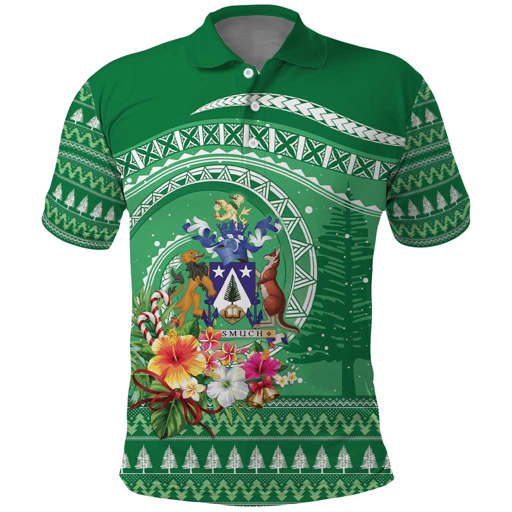 Norfolk Island Pine Tree Christmas Polo Shirt Coat of Arm and Polynesian Pattern LT9 Green - Polynesian Pride