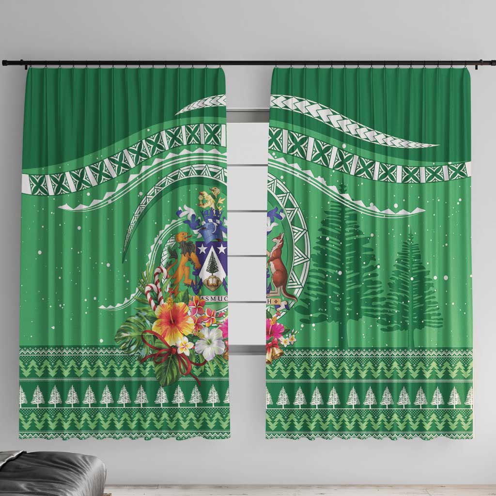 Norfolk Island Pine Tree Christmas Window Curtain Coat of Arm and Polynesian Pattern LT9 With Hooks Green - Polynesian Pride