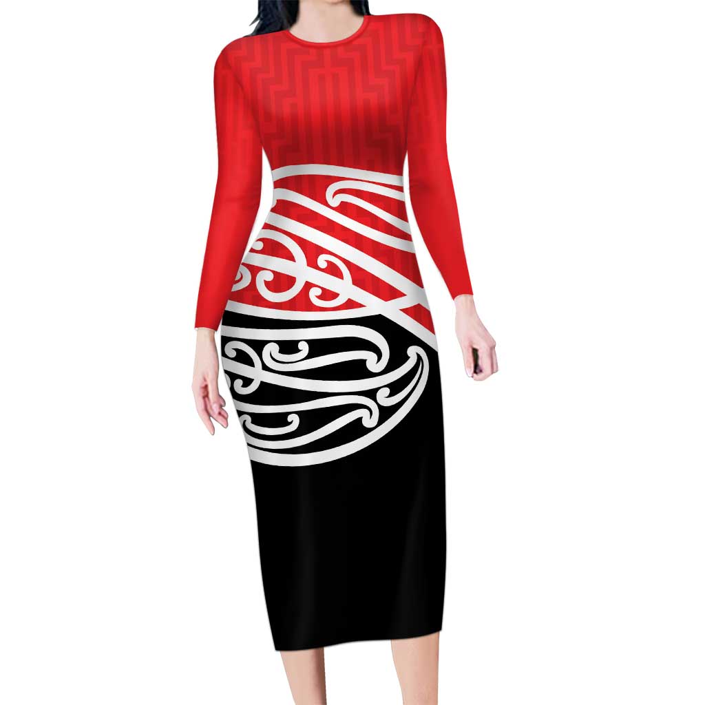 All Red New Zealand Kowhai Ngutukak Long Sleeve Bodycon Dress LT9 Long Dress Red - Polynesian Pride