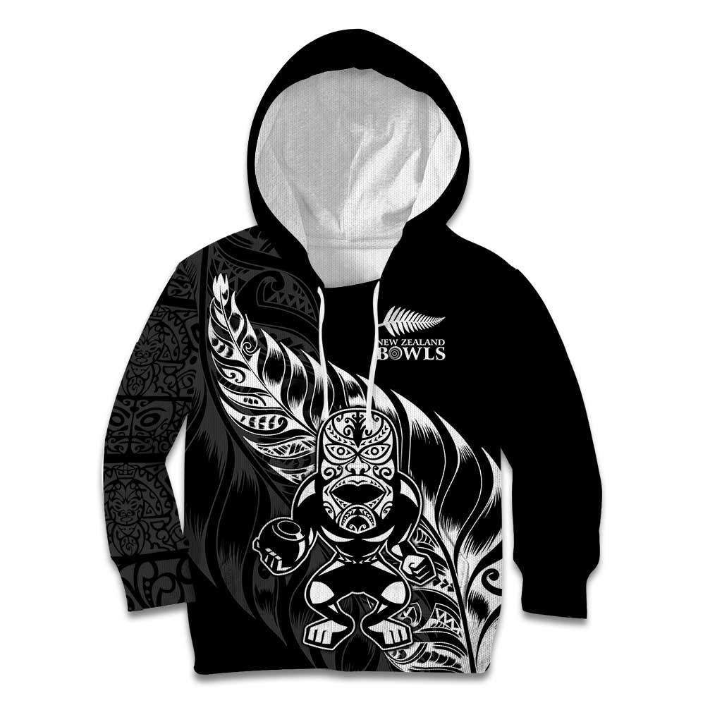 New Zealand Lawn Bowls Custom Kid Hoodie Black Maori Warrior Tribal Silver Fern LT9 Hoodie Black - Polynesian Pride