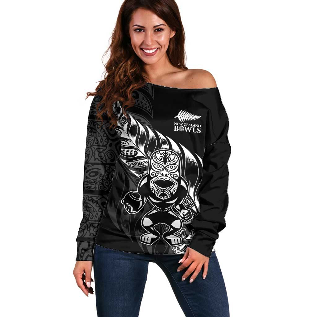New Zealand Lawn Bowls Custom Off Shoulder Sweater Black Maori Warrior Tribal Silver Fern LT9 Women Black - Polynesian Pride