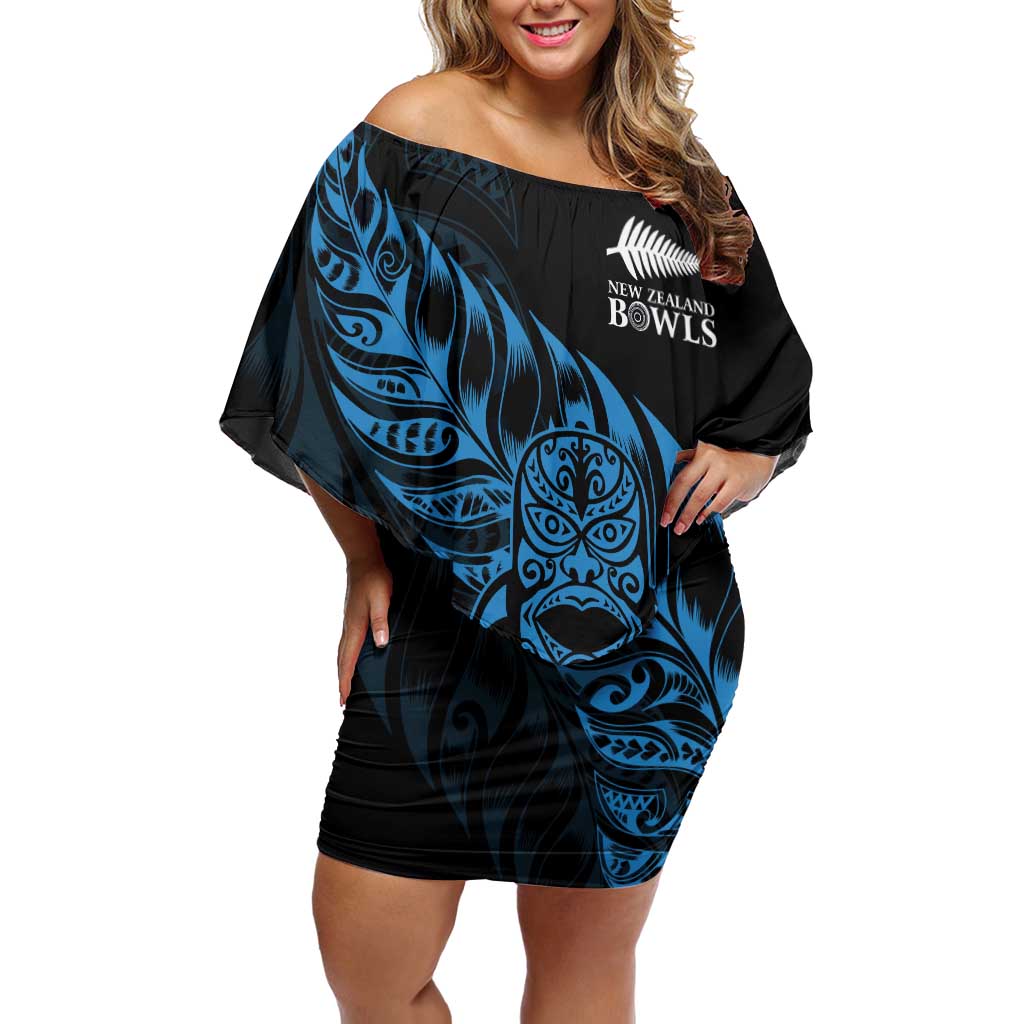 New Zealand Lawn Bowls Custom Off Shoulder Short Dress Blue Maori Warrior Tribal Silver Fern LT9 Women Blue - Polynesian Pride