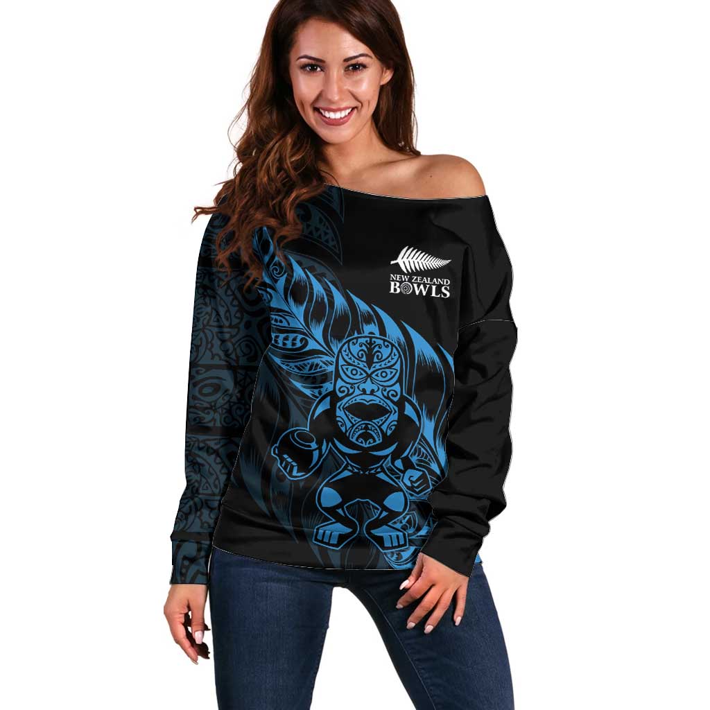 New Zealand Lawn Bowls Custom Off Shoulder Sweater Blue Maori Warrior Tribal Silver Fern LT9 Women Blue - Polynesian Pride