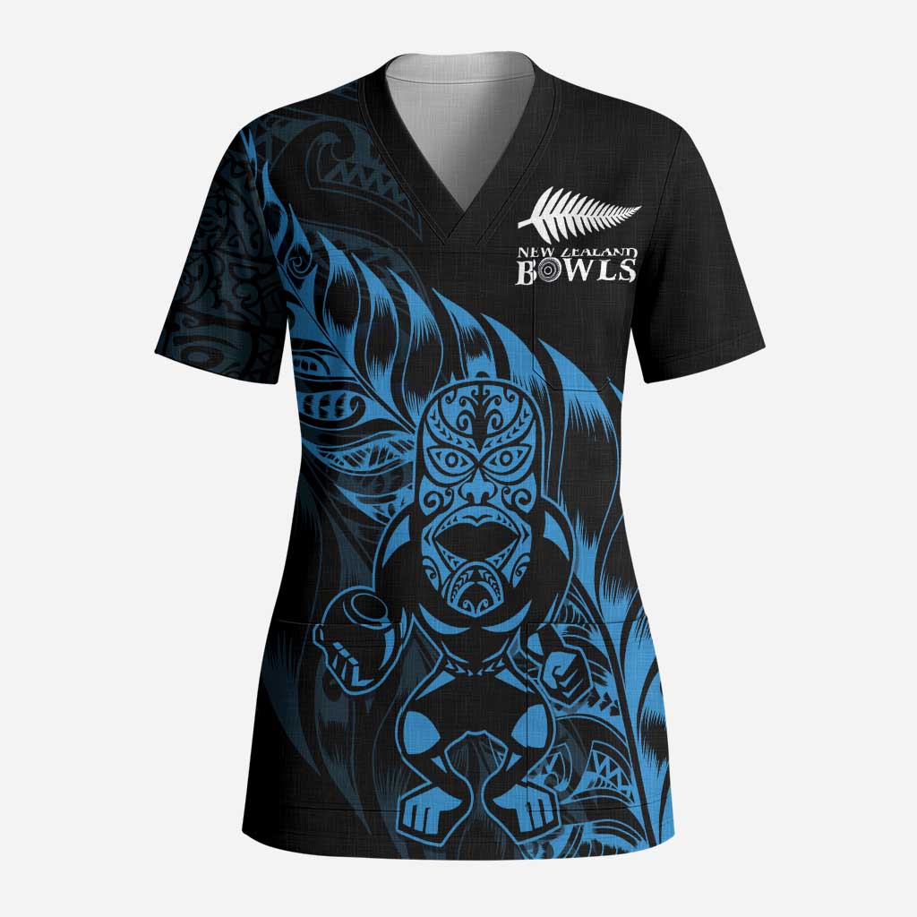 New Zealand Lawn Bowls Custom Scrub Top Blue Maori Warrior Tribal Silver Fern LT9 Adult Blue - Polynesian Pride