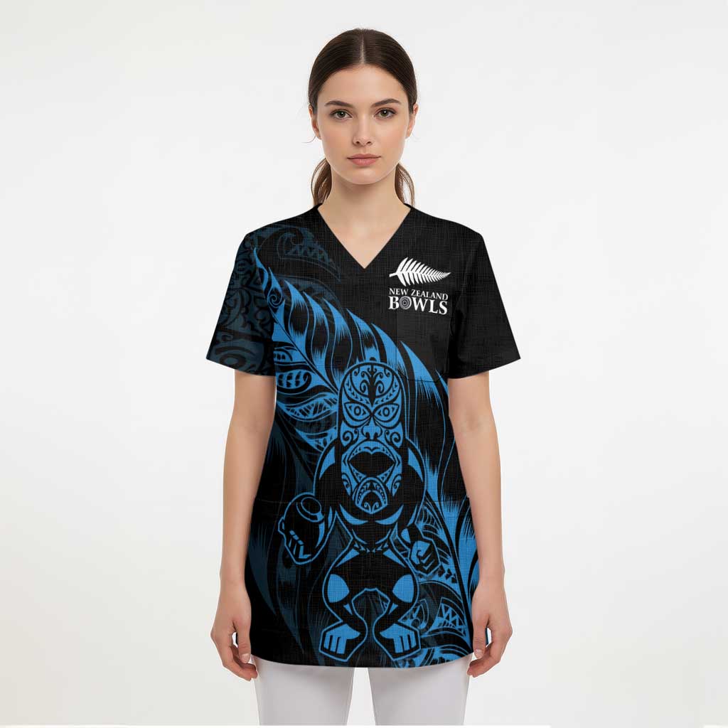 New Zealand Lawn Bowls Custom Scrub Top Blue Maori Warrior Tribal Silver Fern LT9 - Polynesian Pride