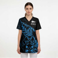 New Zealand Lawn Bowls Custom Scrub Top Blue Maori Warrior Tribal Silver Fern LT9 - Polynesian Pride