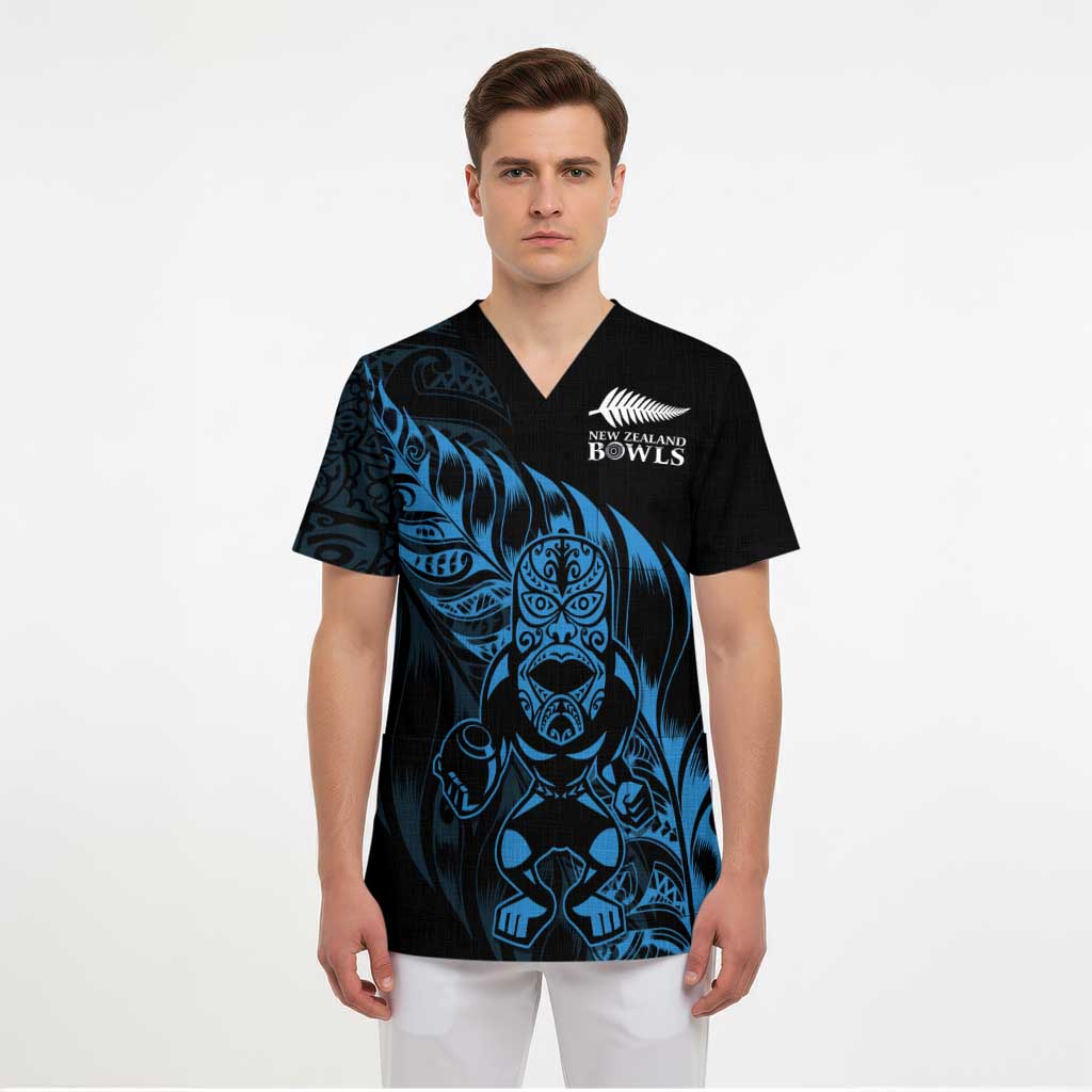 New Zealand Lawn Bowls Custom Scrub Top Blue Maori Warrior Tribal Silver Fern LT9 - Polynesian Pride