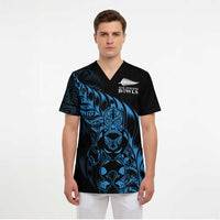 New Zealand Lawn Bowls Custom Scrub Top Blue Maori Warrior Tribal Silver Fern LT9 - Polynesian Pride