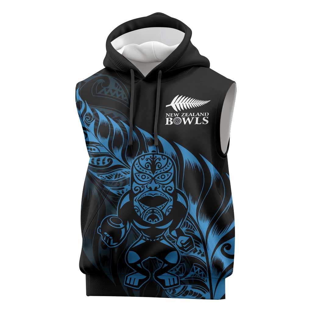 New Zealand Lawn Bowls Custom Sleeveless Hoodie Blue Maori Warrior Tribal Silver Fern LT9 Blue - Polynesian Pride