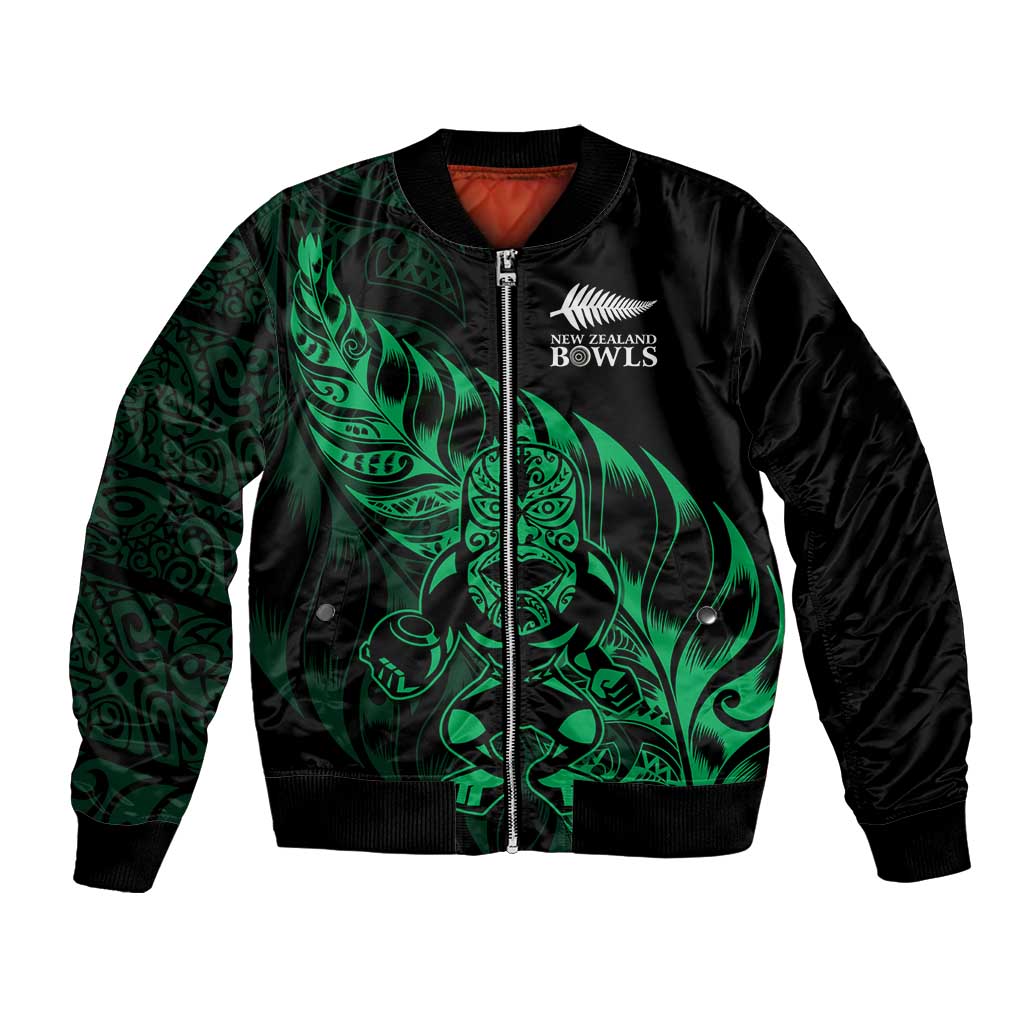 New Zealand Lawn Bowls Custom Bomber Jacket Green Maori Warrior Tribal Silver Fern LT9 Unisex Green - Polynesian Pride