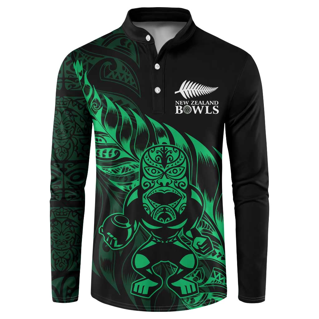 New Zealand Lawn Bowls Custom Button Sweatshirt Green Maori Warrior Tribal Silver Fern LT9 Green - Polynesian Pride