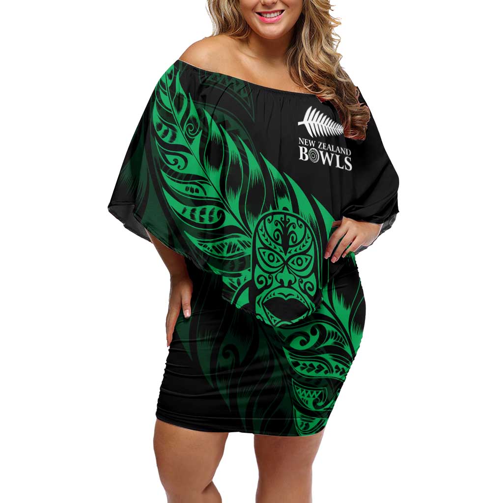 New Zealand Lawn Bowls Custom Off Shoulder Short Dress Green Maori Warrior Tribal Silver Fern LT9 Women Green - Polynesian Pride