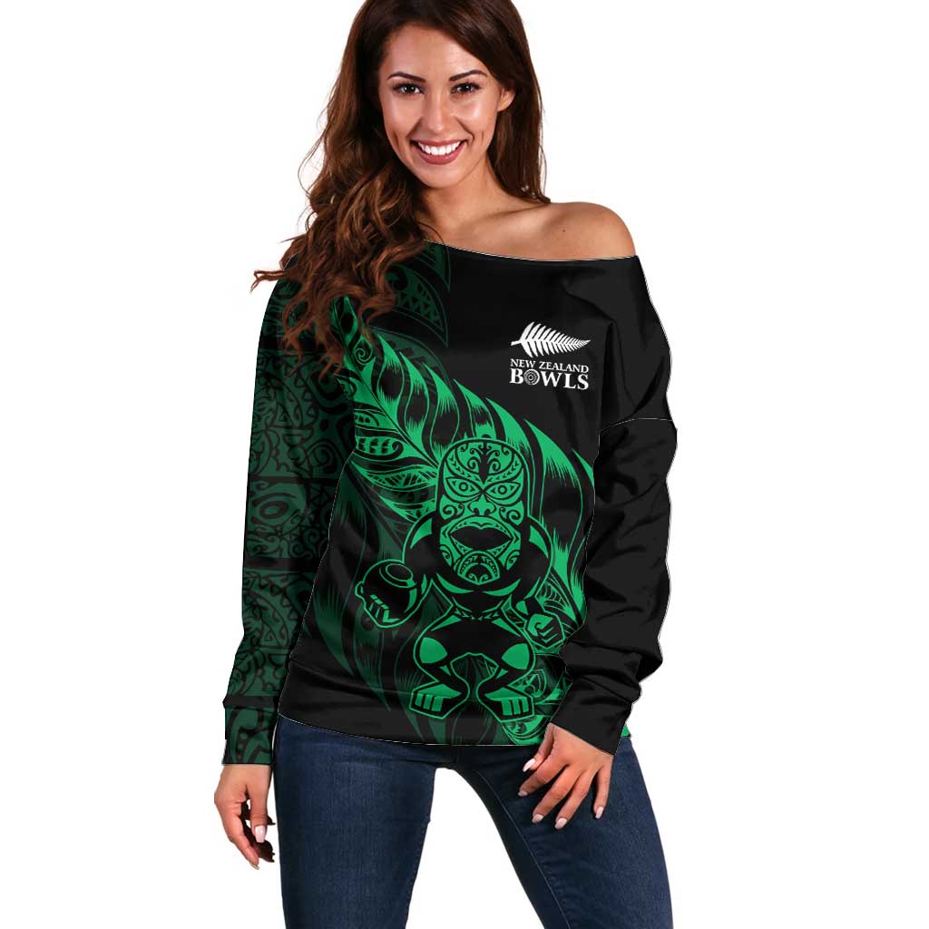 New Zealand Lawn Bowls Custom Off Shoulder Sweater Green Maori Warrior Tribal Silver Fern LT9 Women Green - Polynesian Pride