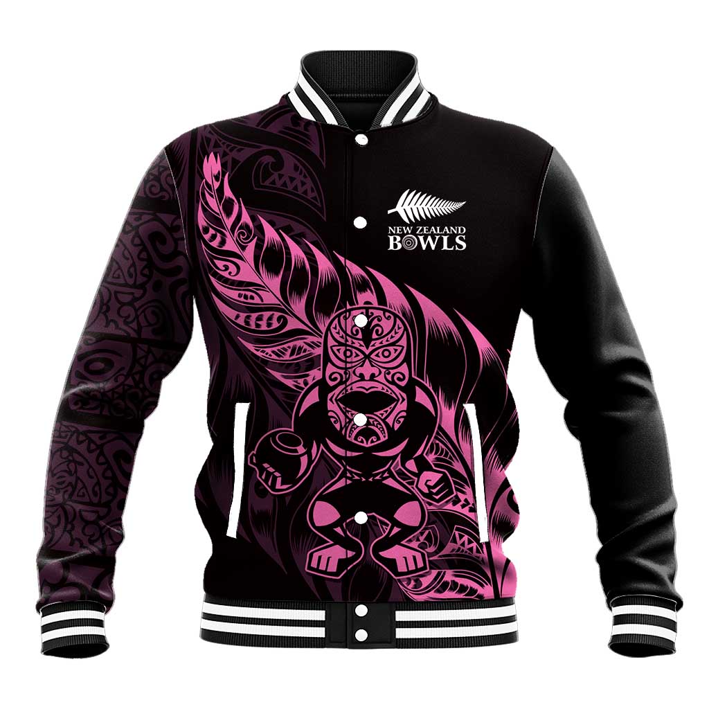 New Zealand Lawn Bowls Custom Baseball Jacket Pink Maori Warrior Tribal Silver Fern LT9 Unisex Pink - Polynesian Pride