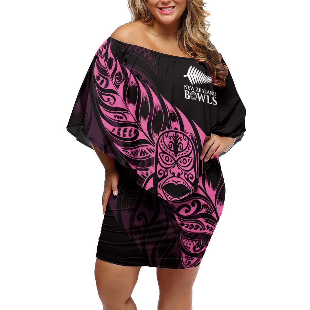 New Zealand Lawn Bowls Custom Off Shoulder Short Dress Pink Maori Warrior Tribal Silver Fern LT9 Women Pink - Polynesian Pride