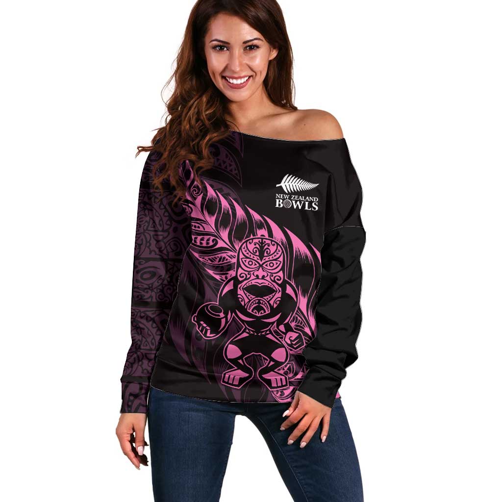 New Zealand Lawn Bowls Custom Off Shoulder Sweater Pink Maori Warrior Tribal Silver Fern LT9 Women Pink - Polynesian Pride
