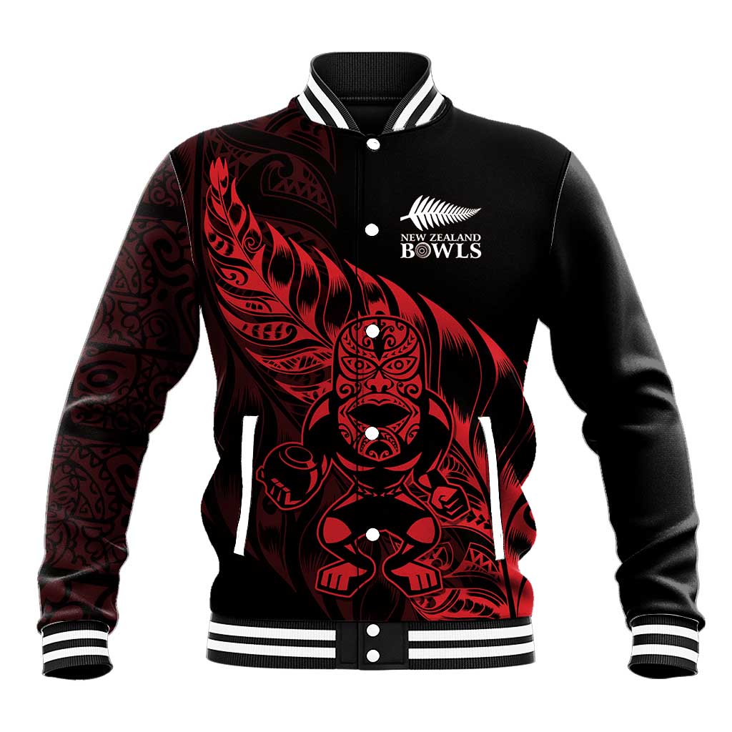 New Zealand Lawn Bowls Custom Baseball Jacket Red Maori Warrior Tribal Silver Fern LT9 Unisex Red - Polynesian Pride