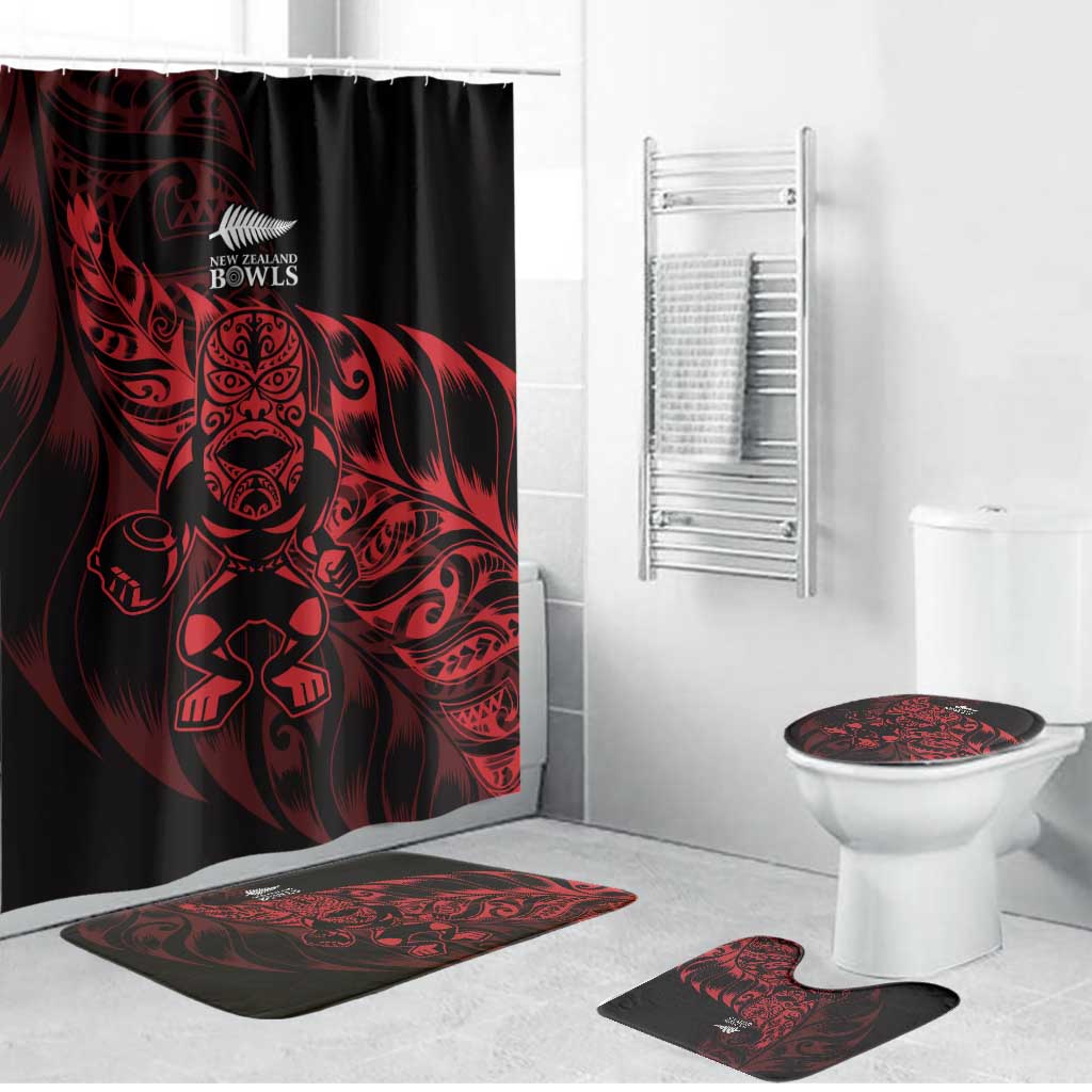 New Zealand Lawn Bowls Bathroom Set Red Maori Warrior Tribal Silver Fern LT9 Bathroom Set (4 pcs) Red - Polynesian Pride