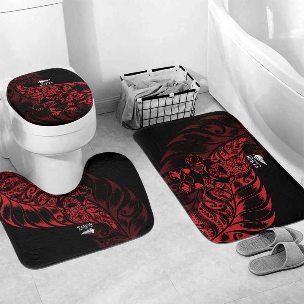 New Zealand Lawn Bowls Bathroom Set Red Maori Warrior Tribal Silver Fern LT9 Mat Set Only (3 pcs) One Size Red - Polynesian Pride