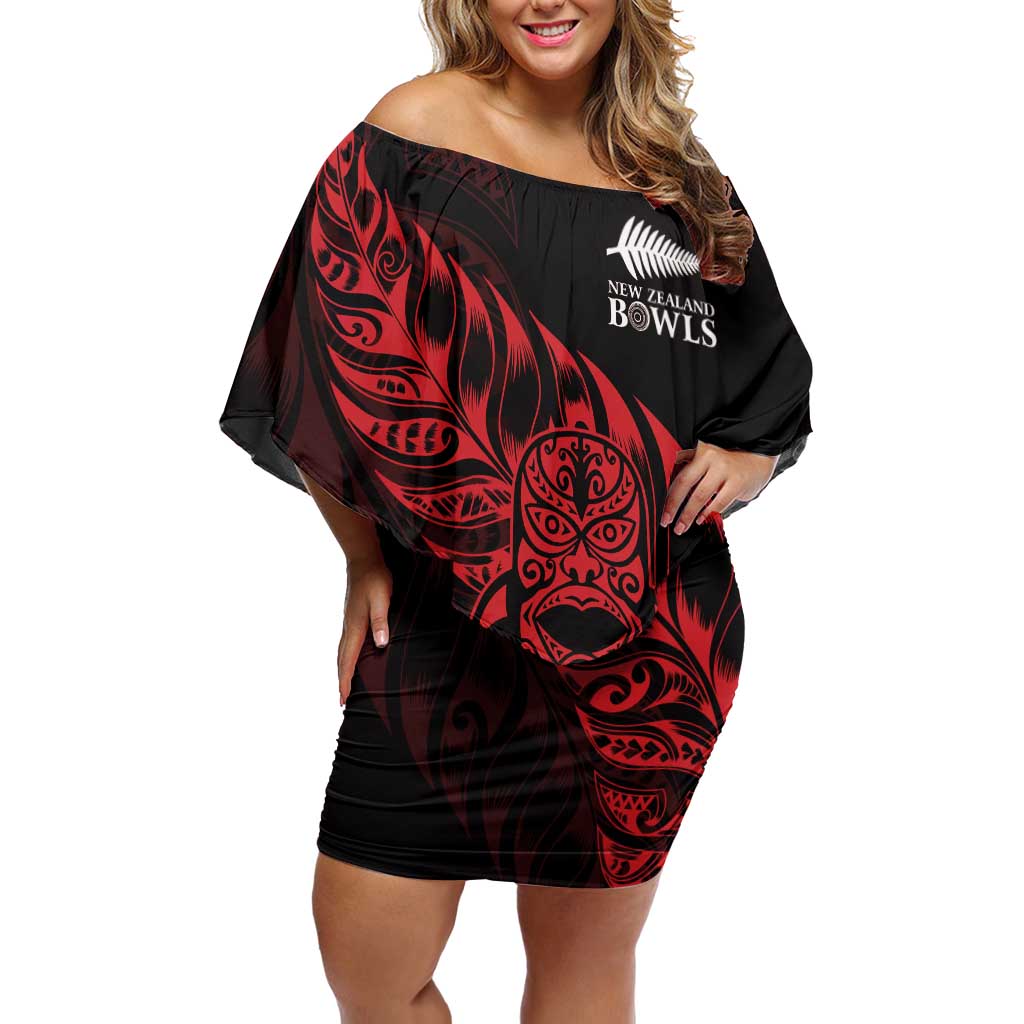 New Zealand Lawn Bowls Custom Off Shoulder Short Dress Red Maori Warrior Tribal Silver Fern LT9 Women Red - Polynesian Pride