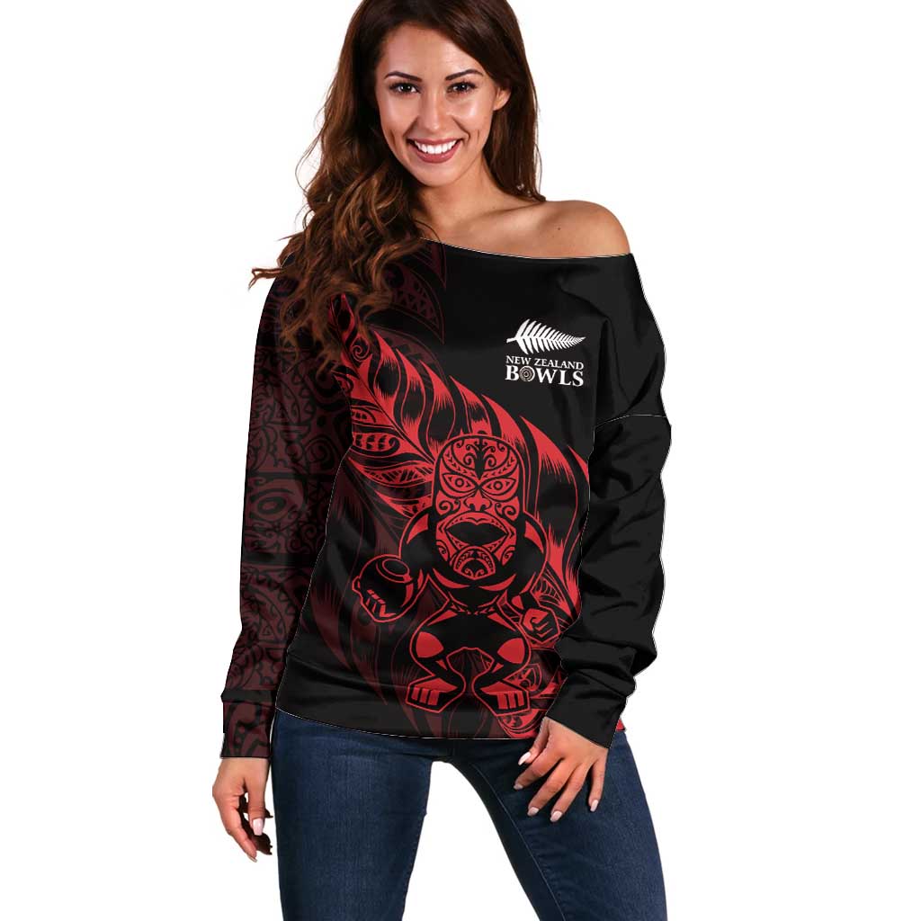 New Zealand Lawn Bowls Custom Off Shoulder Sweater Red Maori Warrior Tribal Silver Fern LT9 Women Red - Polynesian Pride