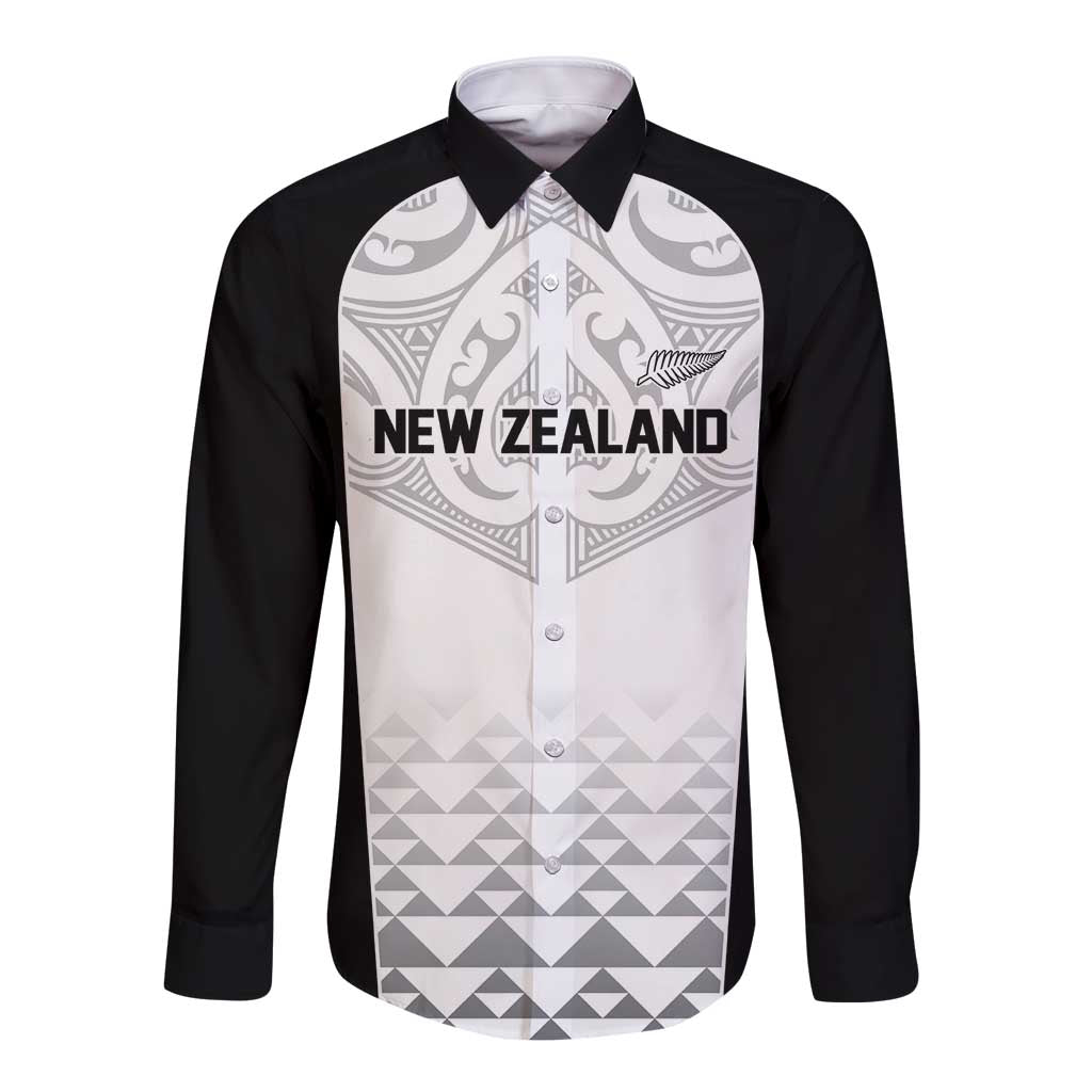 World Football 2026 New Zealand Custom Long Sleeve Button Shirt All White Fern Maori Tribal LT9 Unisex White - Polynesian Pride