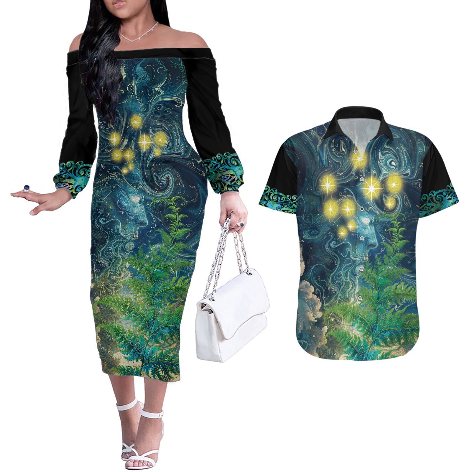 New Zealand Matariki Waipuna-a-rangi Couples Matching Off The Shoulder Long Sleeve Dress and Hawaiian Shirt He Roimata o Rangi