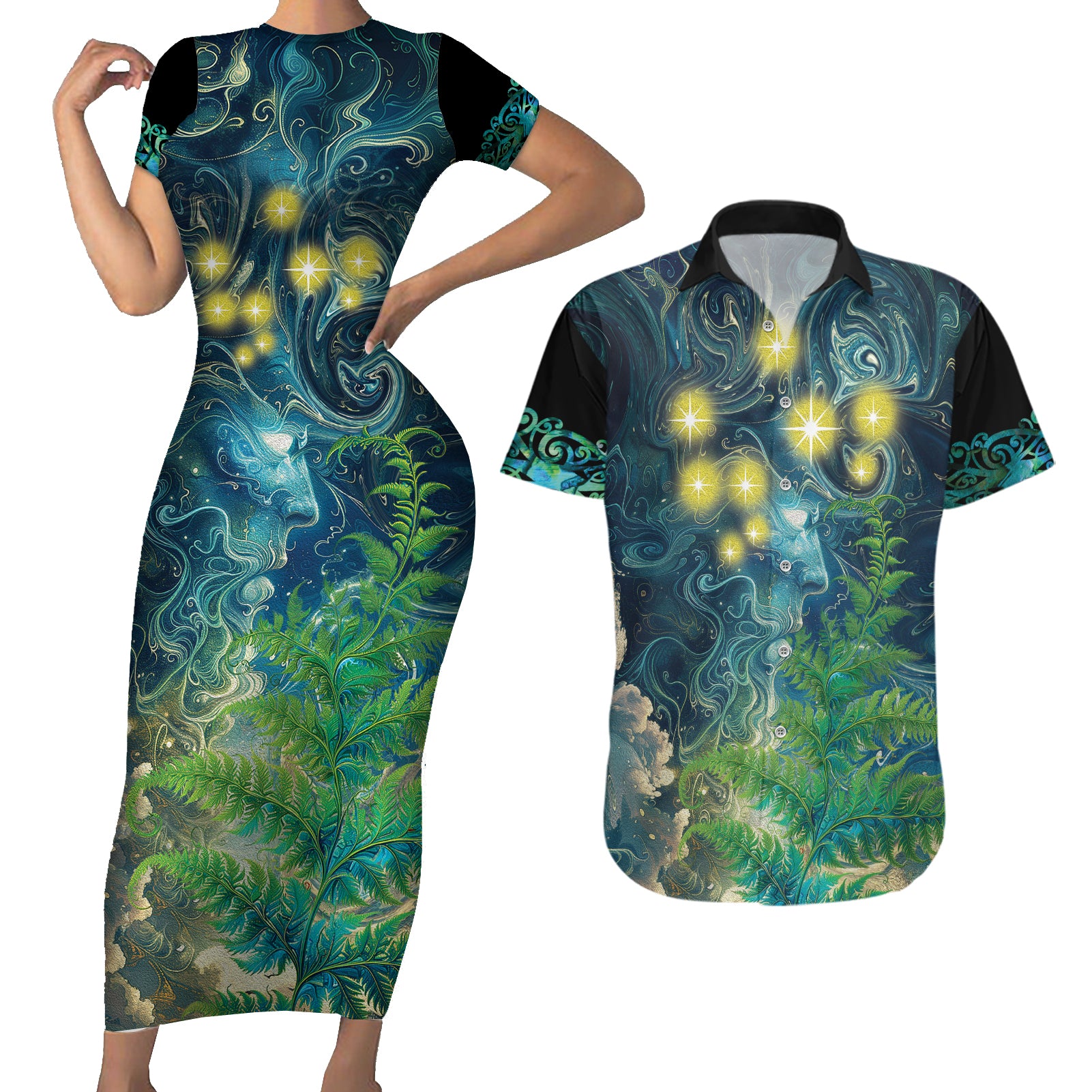 New Zealand Matariki Waipuna-a-rangi Couples Matching Short Sleeve Bodycon Dress and Hawaiian Shirt He Roimata o Rangi