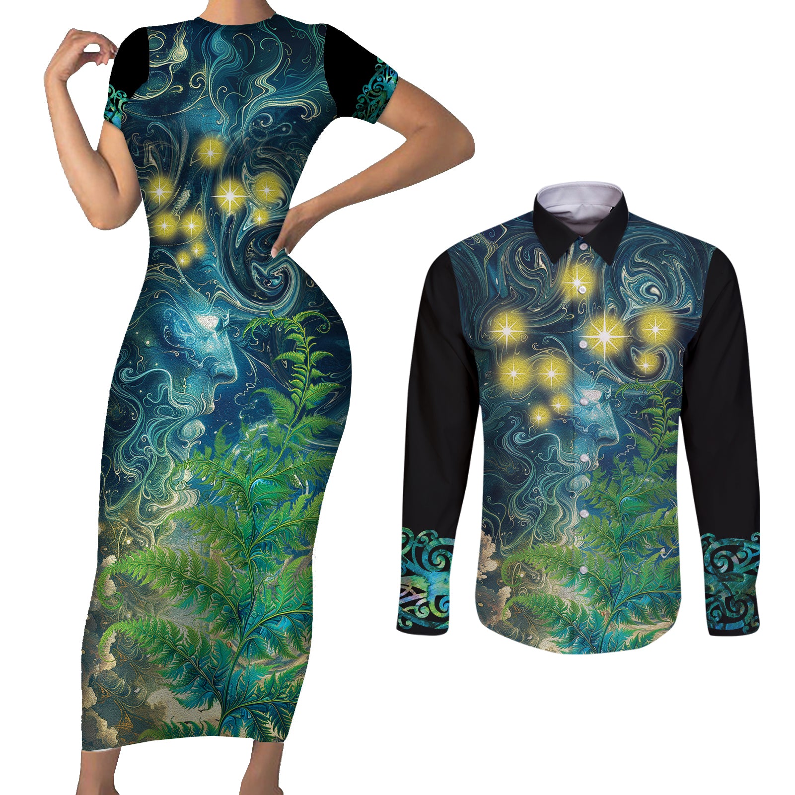 New Zealand Matariki Waipuna-a-rangi Couples Matching Short Sleeve Bodycon Dress and Long Sleeve Button Shirt He Roimata o Rangi