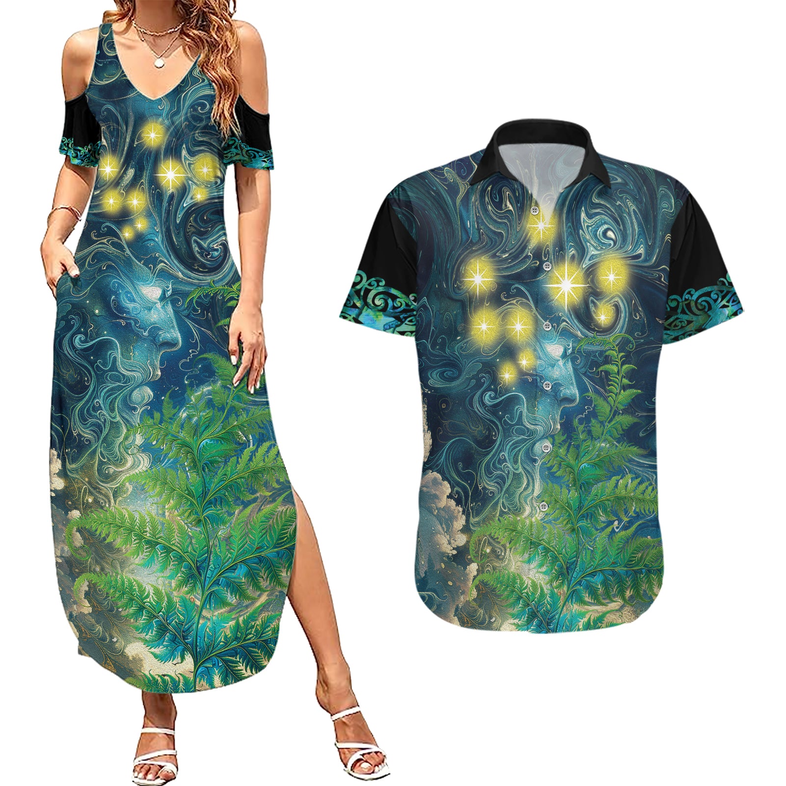 New Zealand Matariki Waipuna-a-rangi Couples Matching Summer Maxi Dress and Hawaiian Shirt He Roimata o Rangi