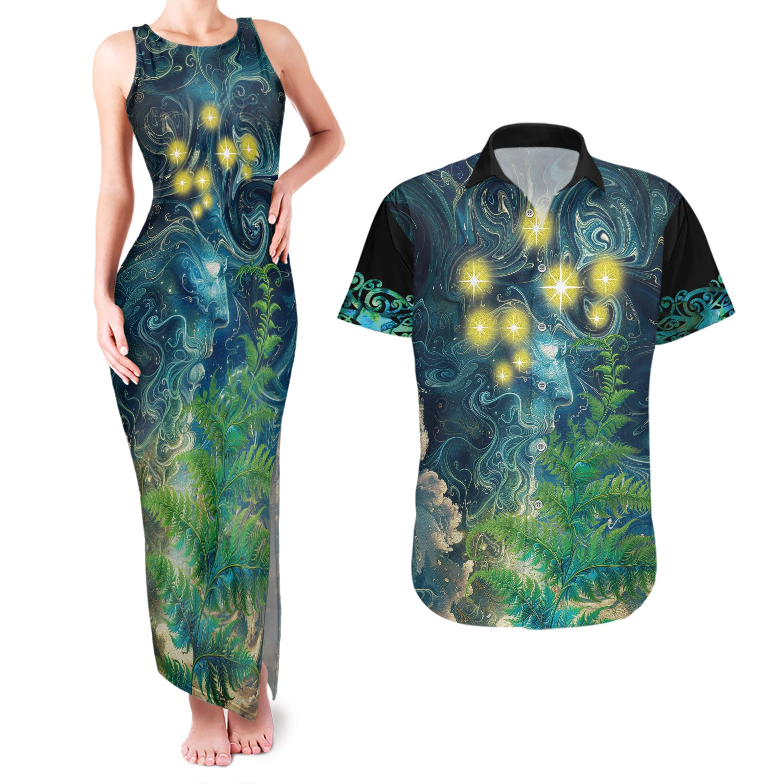 New Zealand Matariki Waipuna-a-rangi Couples Matching Tank Maxi Dress and Hawaiian Shirt He Roimata o Rangi