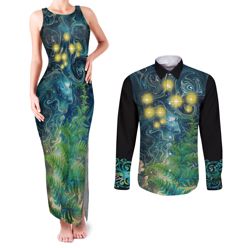 New Zealand Matariki Waipuna-a-rangi Couples Matching Tank Maxi Dress and Long Sleeve Button Shirt He Roimata o Rangi