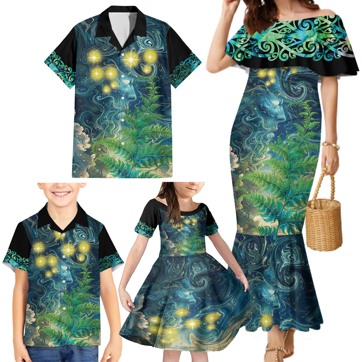 New Zealand Matariki Waipuna-a-rangi Family Matching Mermaid Dress and Hawaiian Shirt He Roimata o Rangi