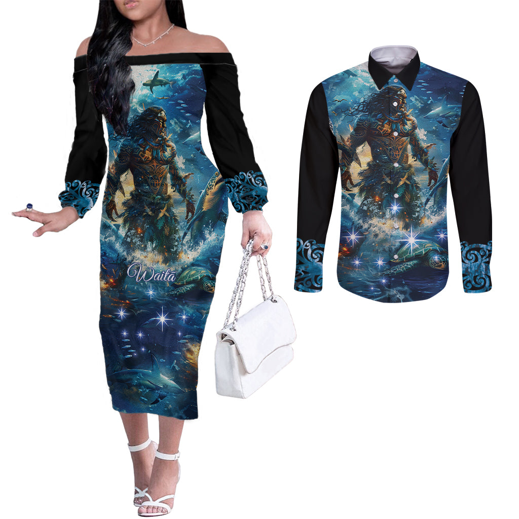 New Zealand Matariki Waita Couples Matching Off The Shoulder Long Sleeve Dress and Long Sleeve Button Shirt The Way Of The Water