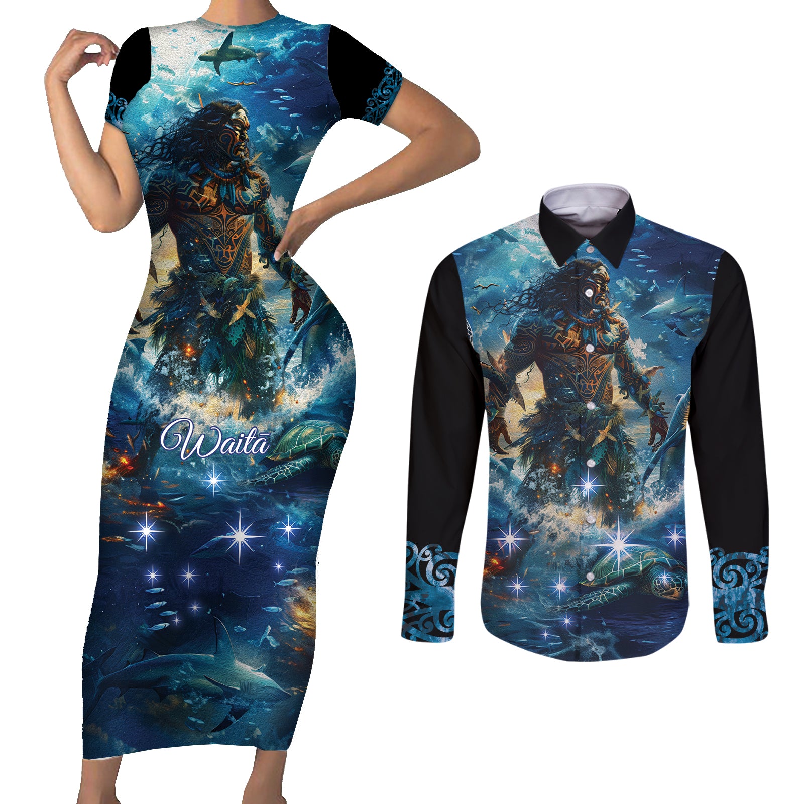 New Zealand Matariki Waita Couples Matching Short Sleeve Bodycon Dress and Long Sleeve Button Shirt The Way Of The Water