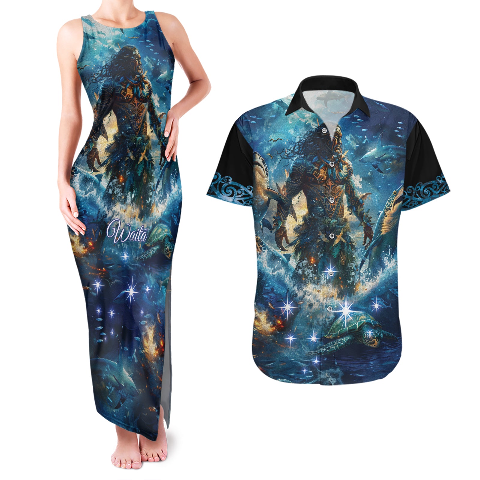 New Zealand Matariki Waita Couples Matching Tank Maxi Dress and Hawaiian Shirt The Way Of The Water