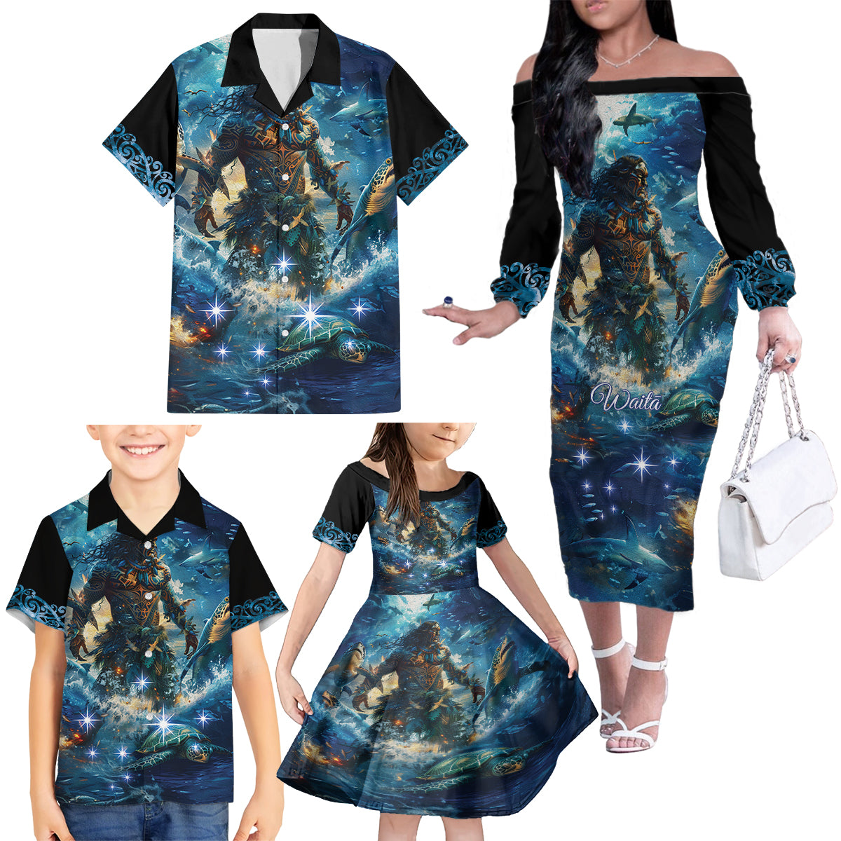 New Zealand Matariki Waita Family Matching Off The Shoulder Long Sleeve Dress and Hawaiian Shirt The Way Of The Water