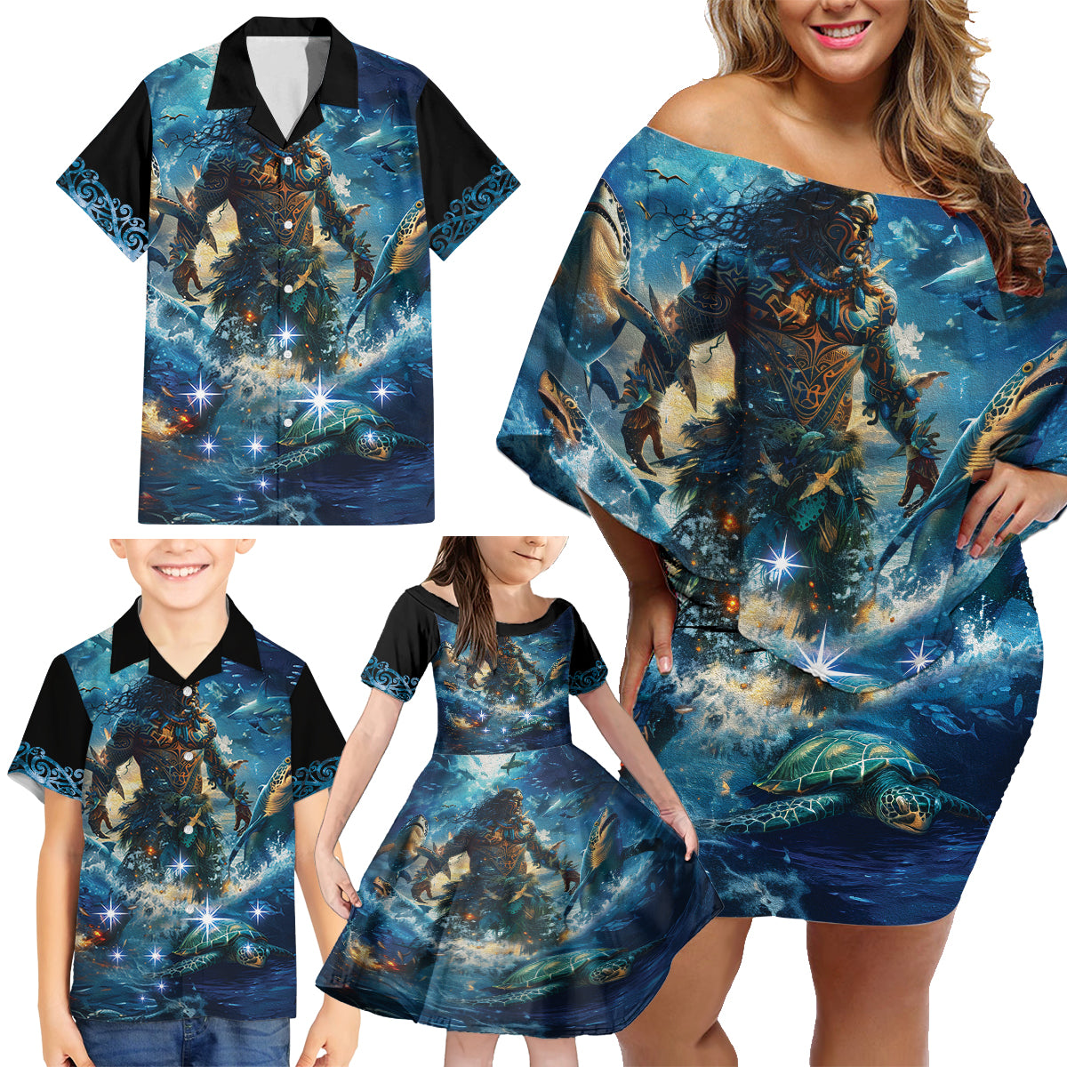 New Zealand Matariki Waita Family Matching Off Shoulder Short Dress and Hawaiian Shirt The Way Of The Water